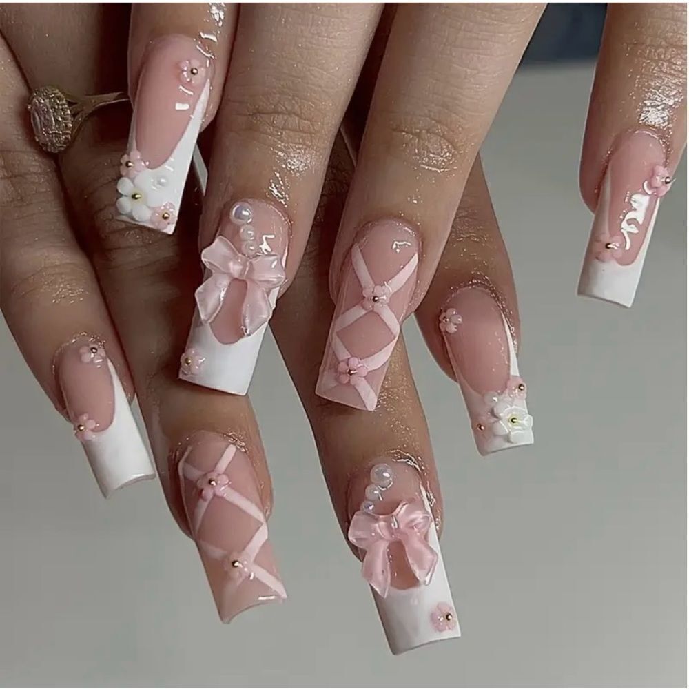 Coquette themed press on nails with bows, flower and pearl embelishments 24 pcs